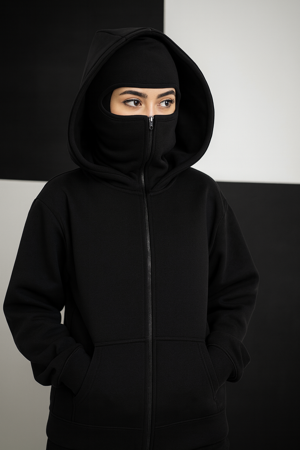 Black Combat Hoodie – Streetwear Pullover with Face Cover