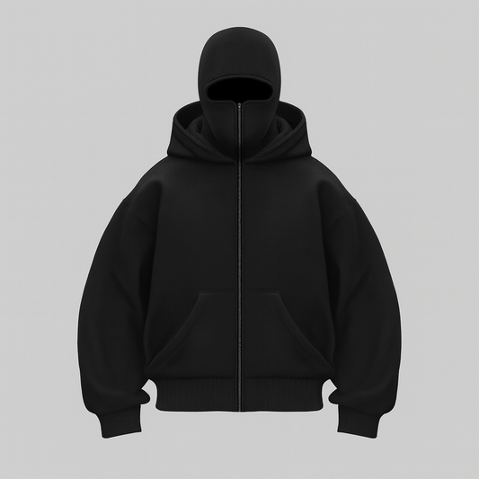 URBXN™ Oversized Black Full-Zip Hoodie – Streetwear Balaclava Style