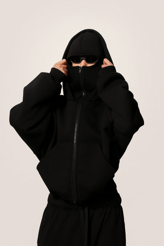 URBXN™ Oversized Black Full-Zip Hoodie – Streetwear Balaclava Style