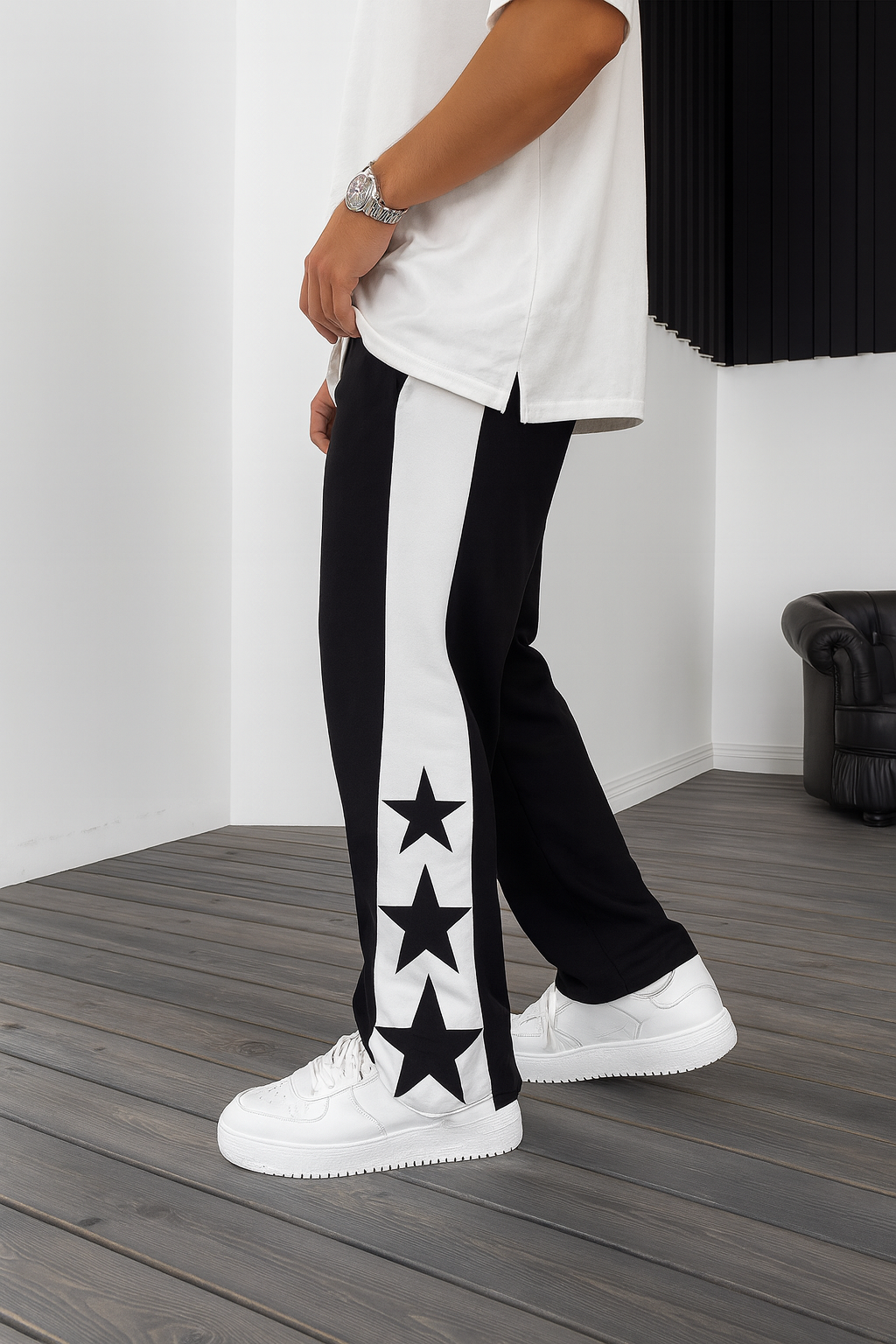 URBXN Black Star Track Pants – Streetwear Joggers with Side Stripe & Star Design