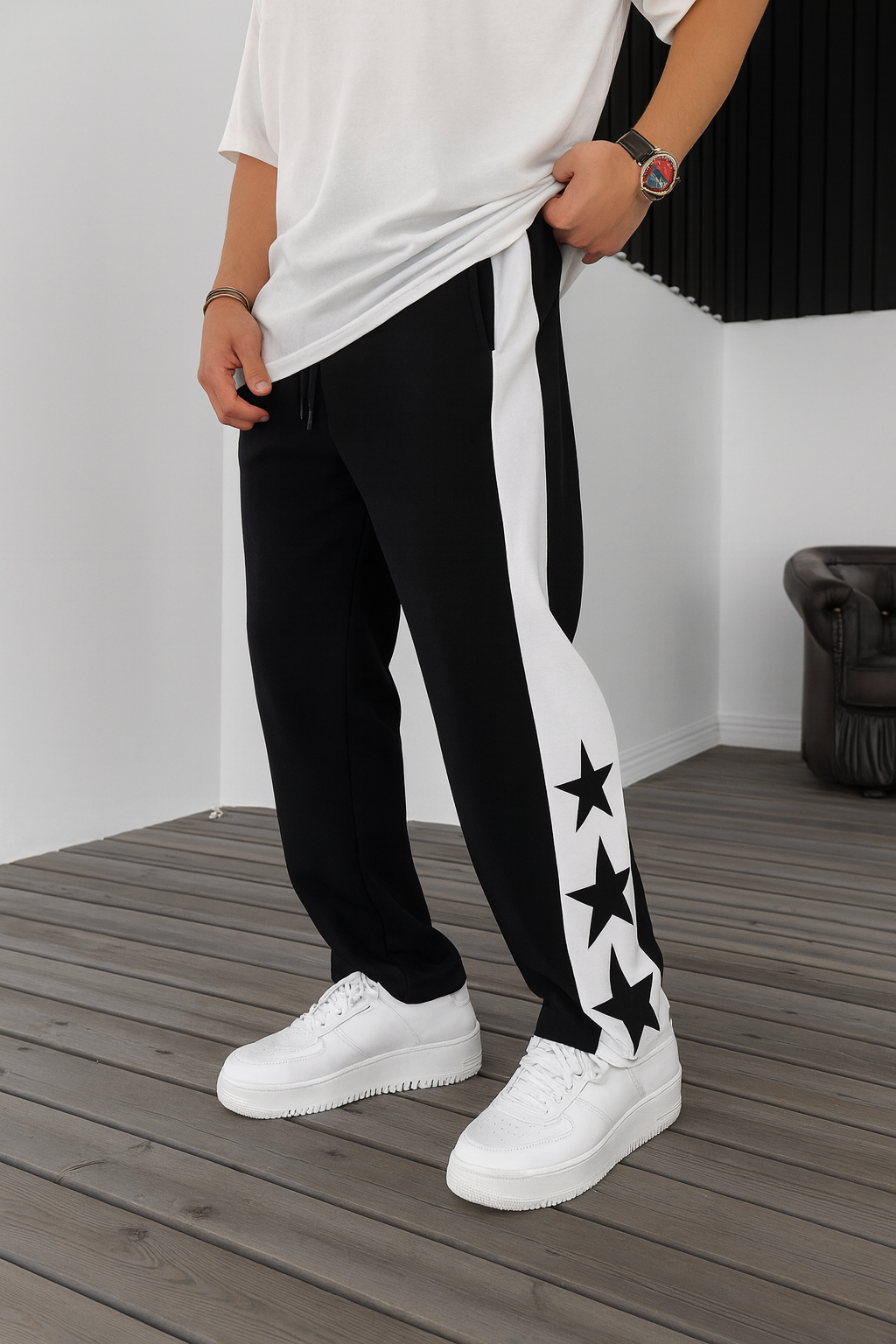 URBXN Black Star Track Pants – Streetwear Joggers with Side Stripe & Star Design
