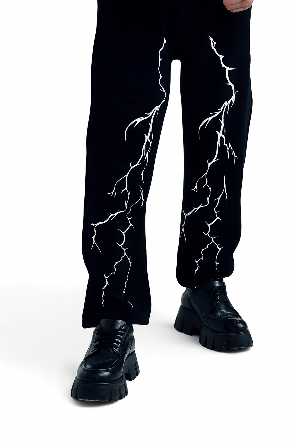 URBXN Lightning Embroidered Pants – Black Baggy Streetwear Trousers