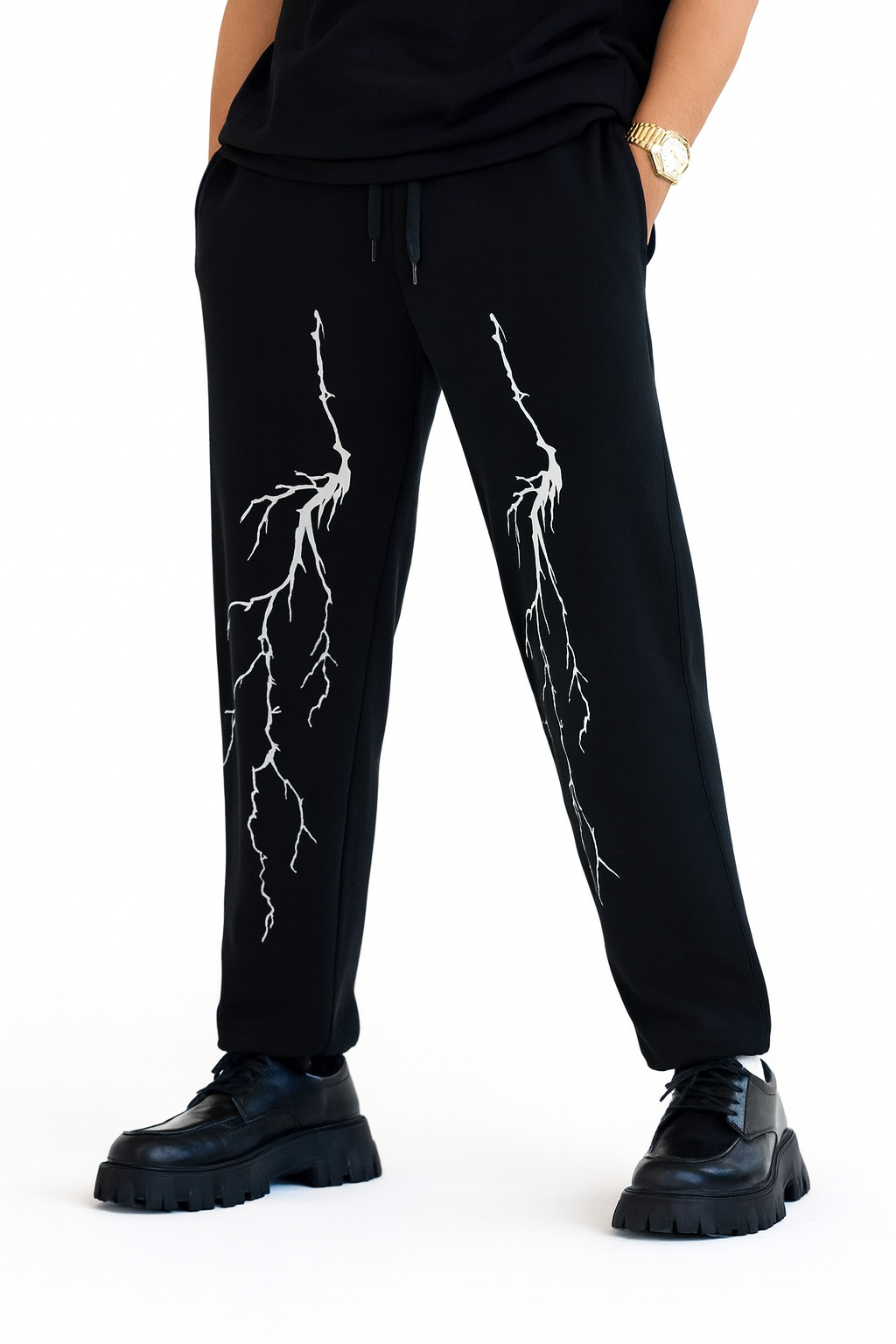 URBXN Lightning Embroidered Pants – Black Baggy Streetwear Trousers
