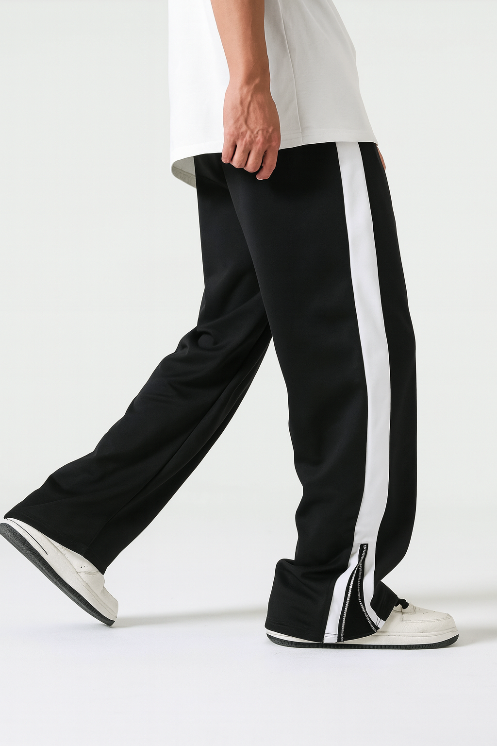 URBXN Black & White Side Stripe Track Pants – Wide Leg Streetwear Joggers