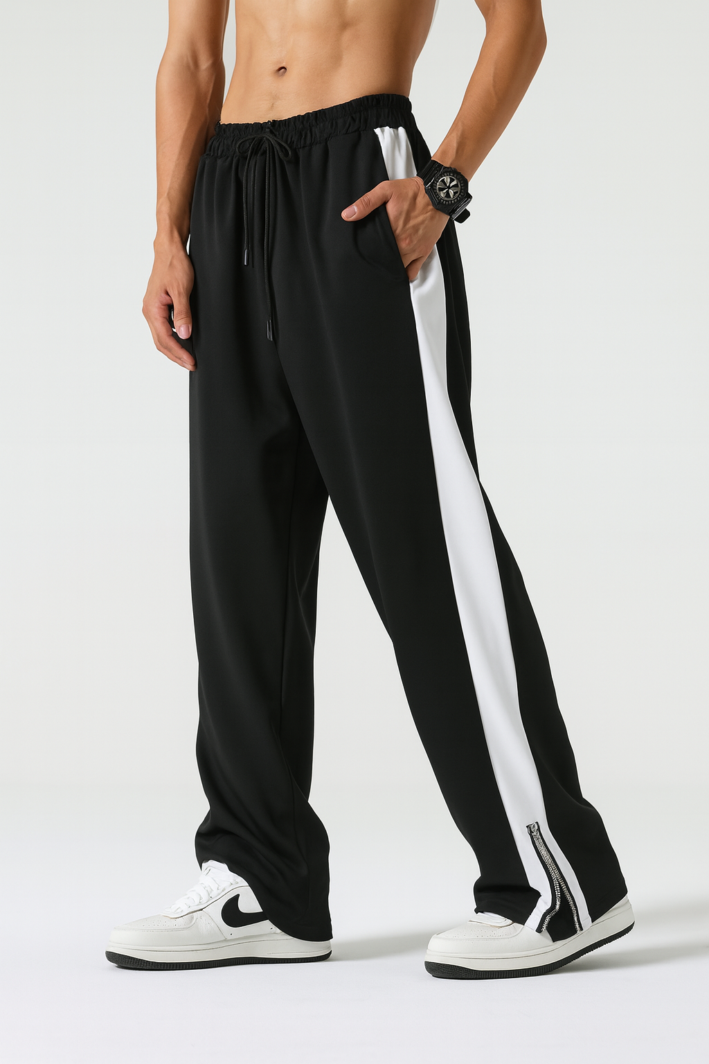 URBXN Black & White Side Stripe Track Pants – Wide Leg Streetwear Joggers