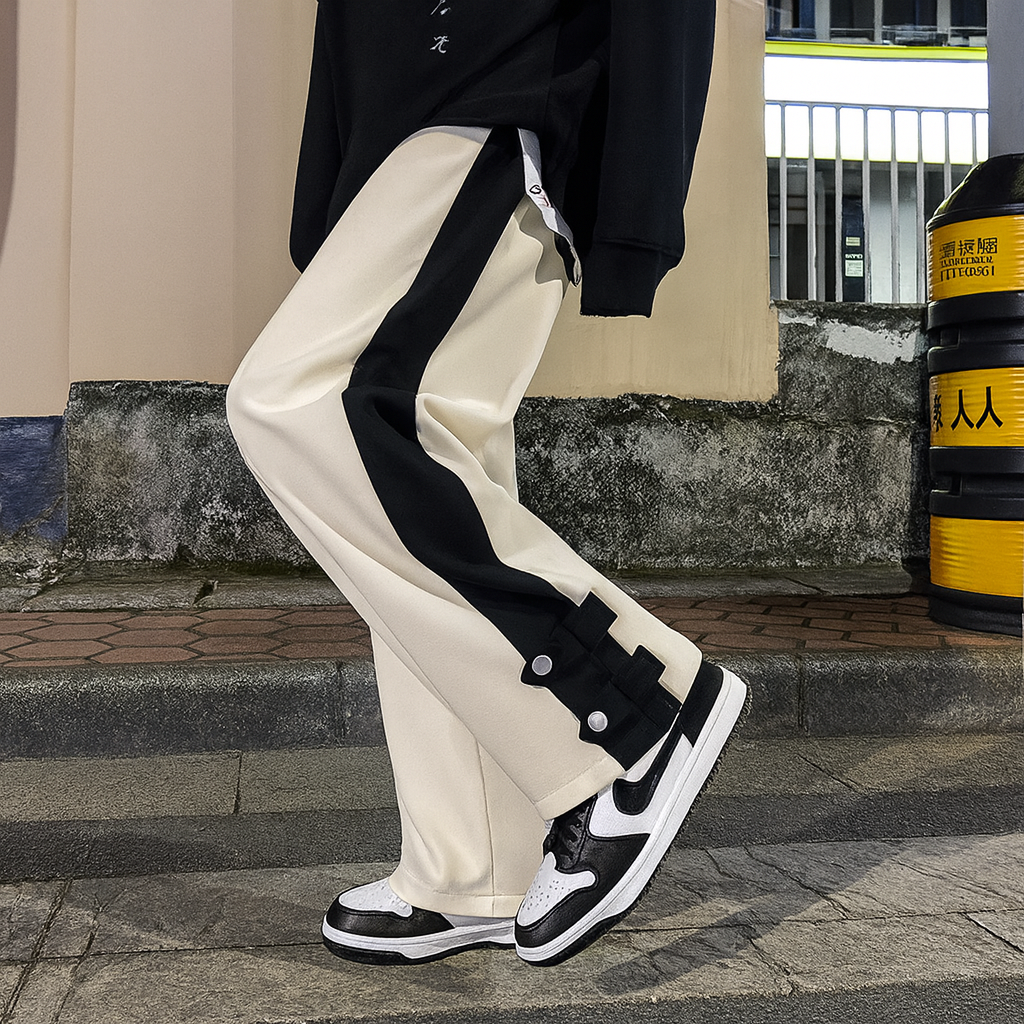 URBXN Black & White Snap Track Pants – Streetwear Wide Leg Joggers