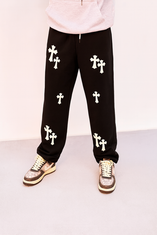 URBXN Black Streetwear Pants with White Cross Patches – Baggy Y2K Style Bottoms