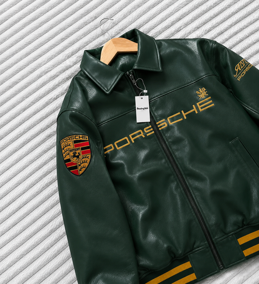 Green Porsche-inspired varsity jacket – back view