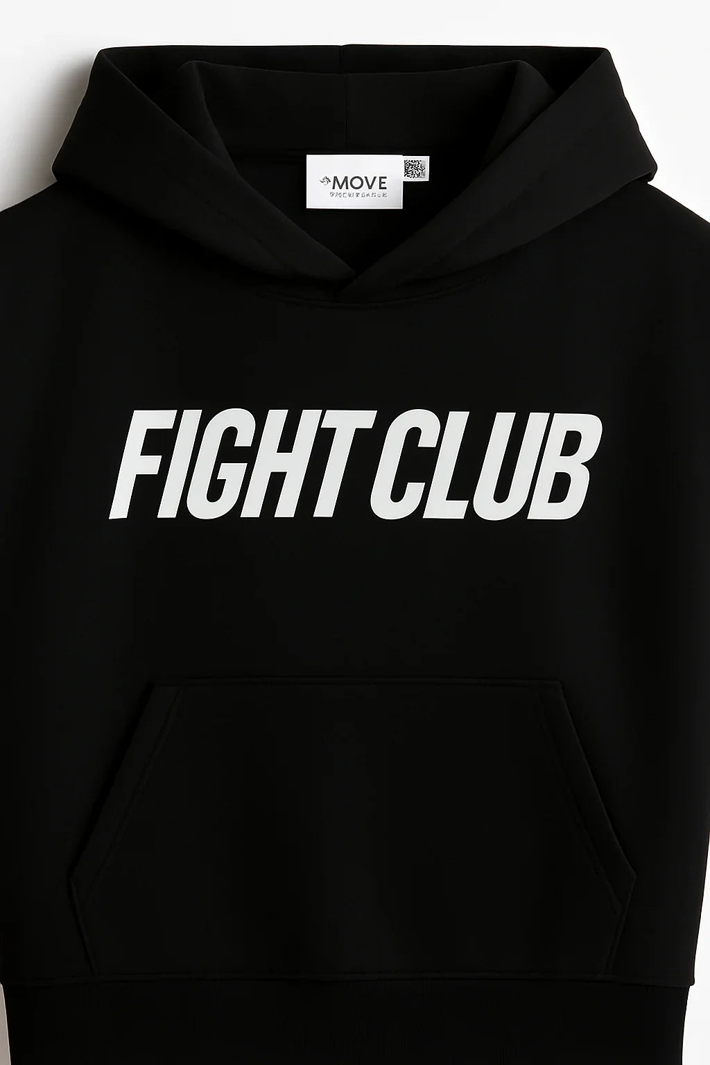 Black oversized hoodie with white 'FIGHT CLUB' text, front pocket, urban streetwear style