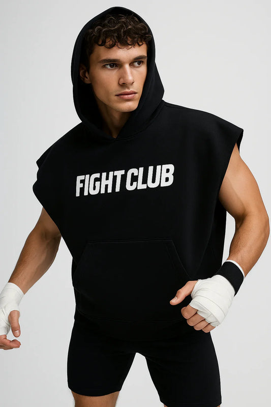 Man wearing sleeveless black hoodie with FIGHT CLUB text, sporty streetwear fashion