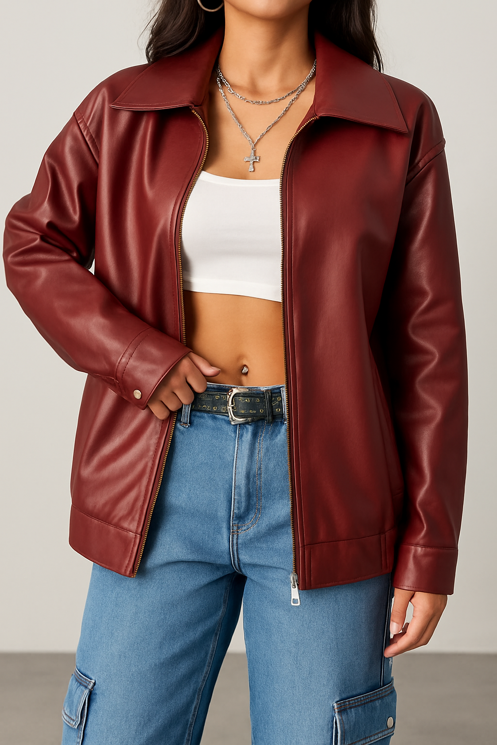 Oversized Red Leather Jacket – Vintage Streetwear Unisex Outerwear