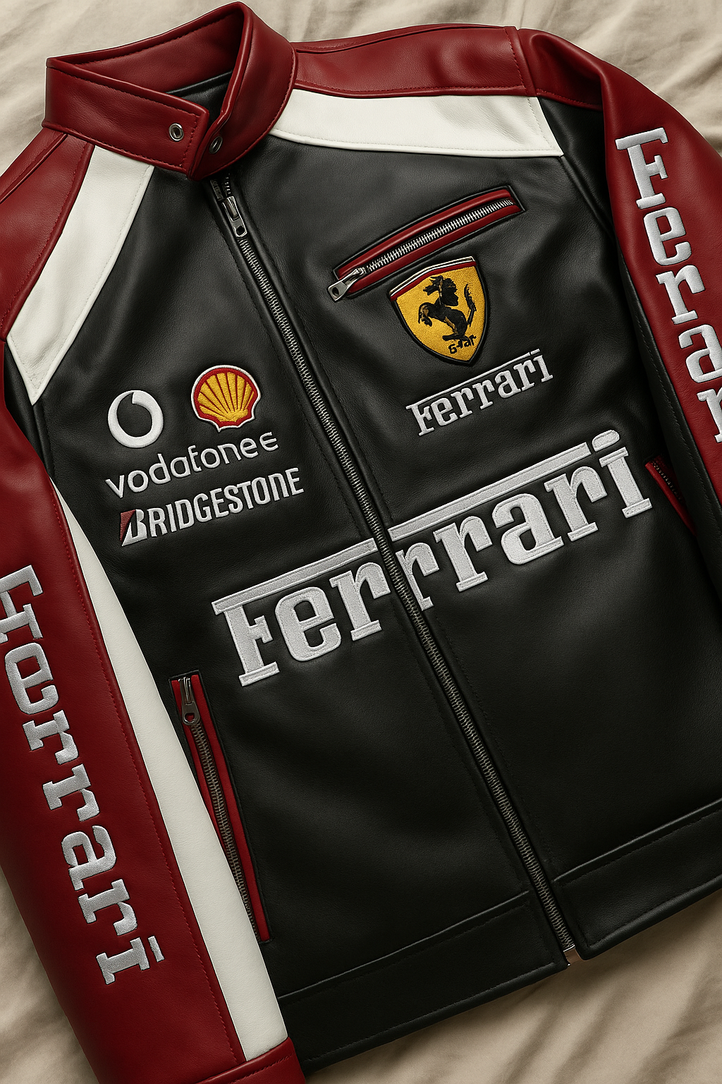 Ferrari Racing Jacket – Black & Red Motorsport Bomber with Embroidered Logos
