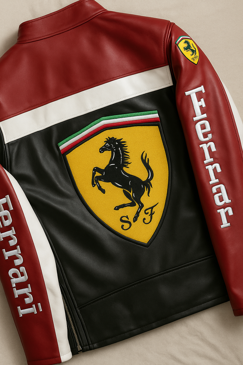 Ferrari Racing Jacket – Black & Red Motorsport Bomber with Embroidered Logos