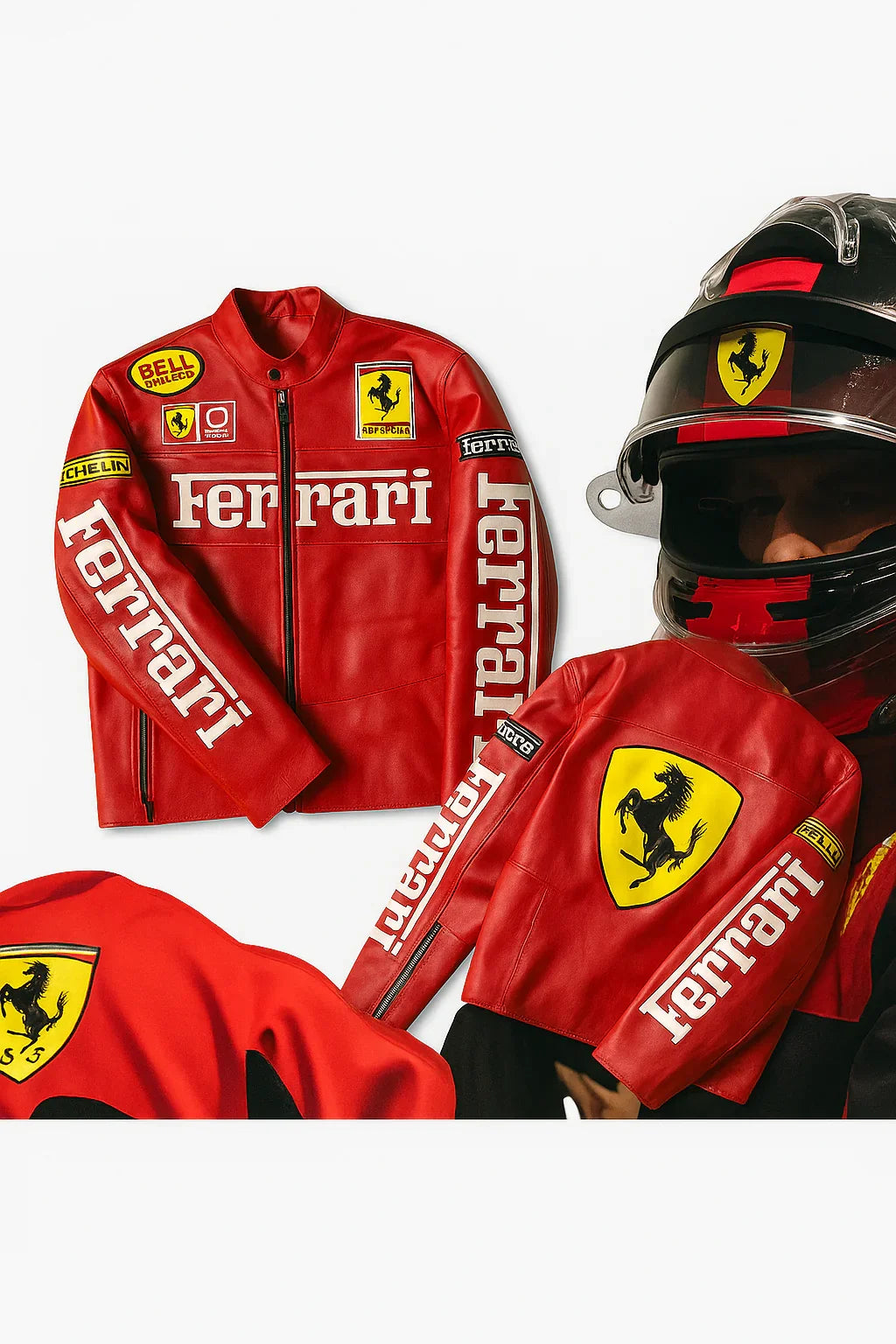 Red racing-inspired leather jacket with Ferrari logos and patches, motorbike helmet in view