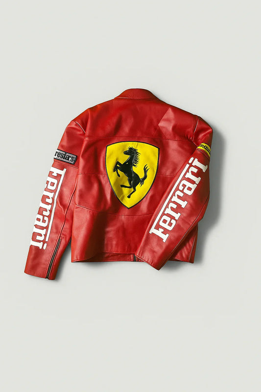 Red racing jacket with yellow black prancing horse logo and bold white text on the sleeves