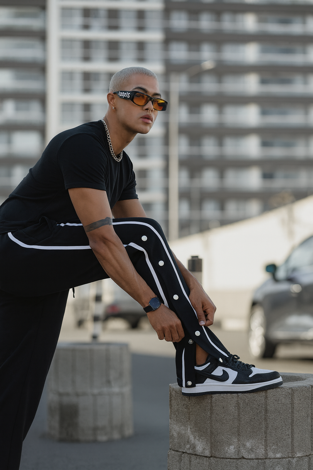 URBXN Snap Button Track Pants – Navy Blue Streetwear Joggers with Side Stripes