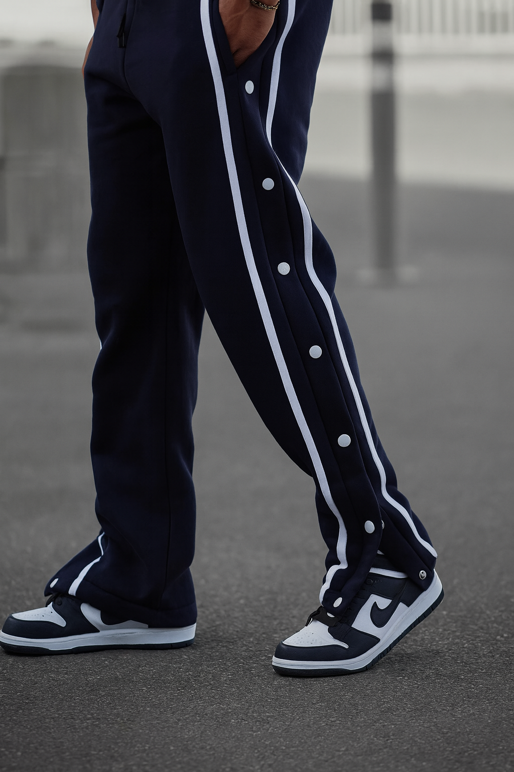 URBXN Snap Button Track Pants – Navy Blue Streetwear Joggers with Side Stripes