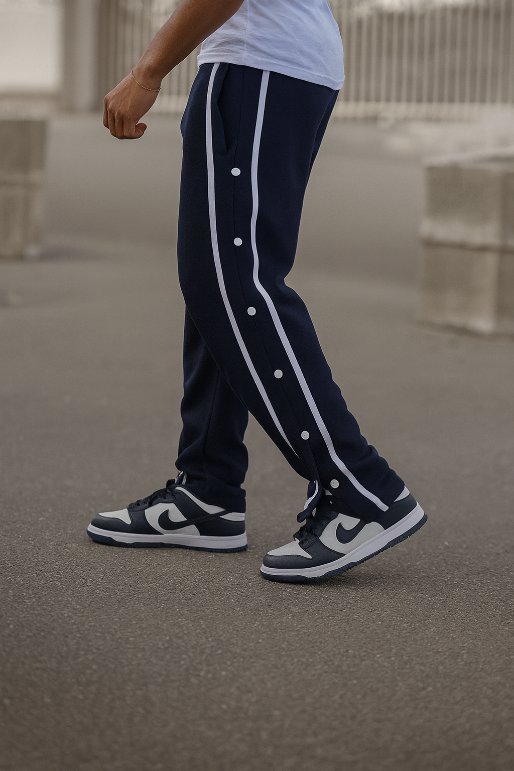URBXN Snap Button Track Pants – Navy Blue Streetwear Joggers with Side Stripes