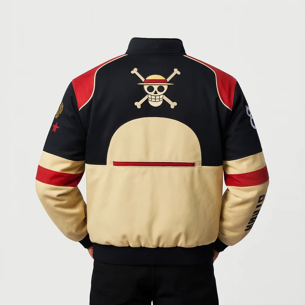 Streetwear jacket with skull and crossbones graphic, red accents, and beige-black colorblock design
