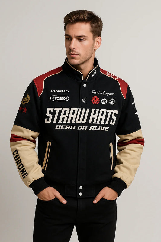 Man wearing black varsity jacket with beige sleeves and bold 'Straw Hats Dead or Alive' text