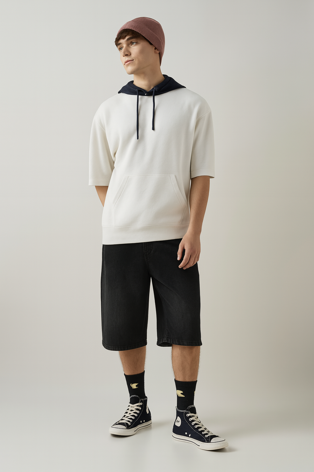 White Half-Sleeve Hoodie with Contrast Hood – Casual Streetwear Top