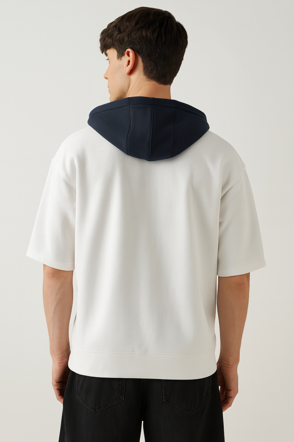 White Half-Sleeve Hoodie with Contrast Hood – Casual Streetwear Top
