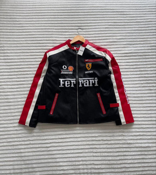 Black and red racing jacket with Ferrari logos, white stripes, and sponsor patches