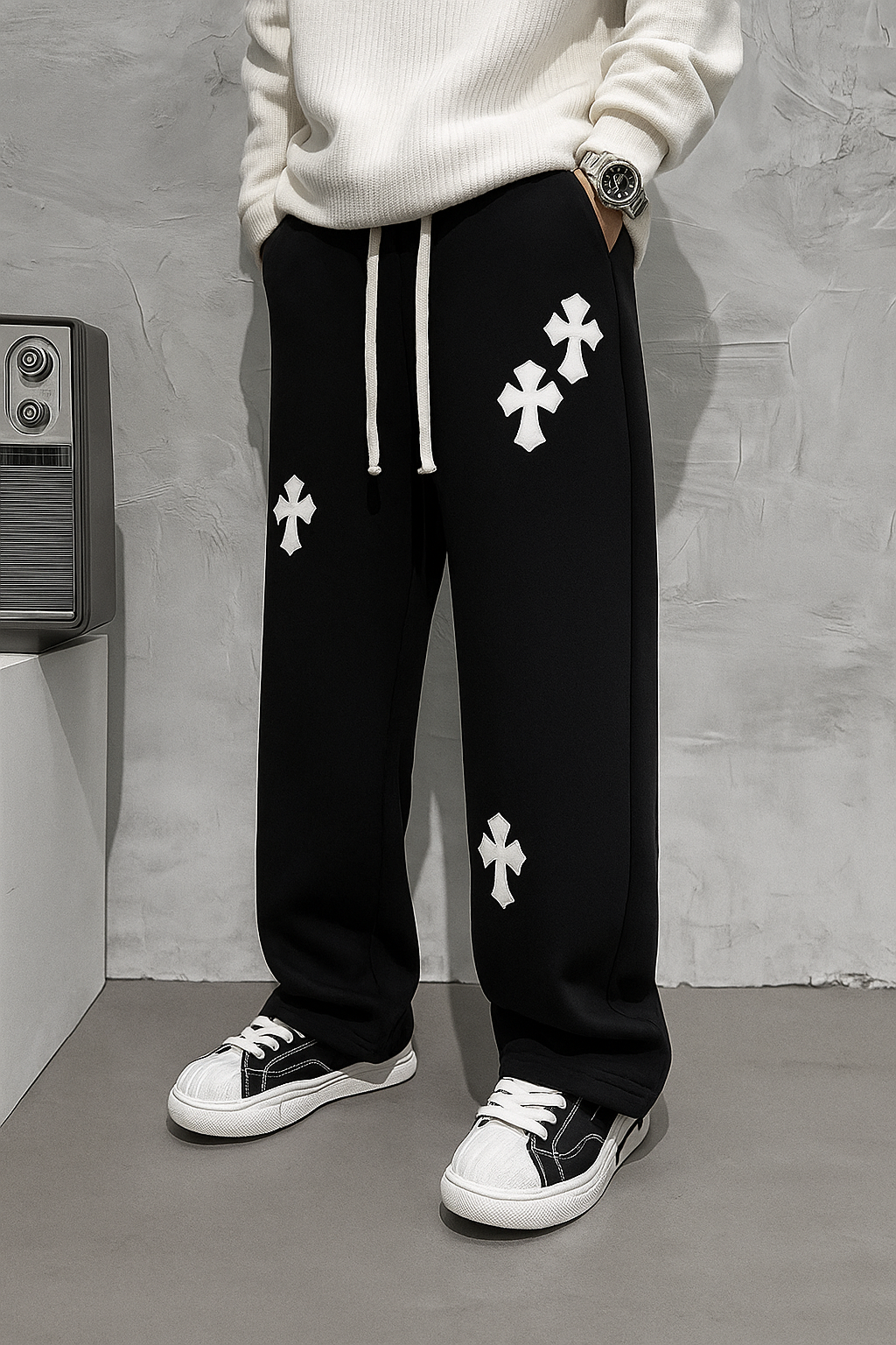 Black Sweatpants with White Cross Patches | Streetwear Joggers