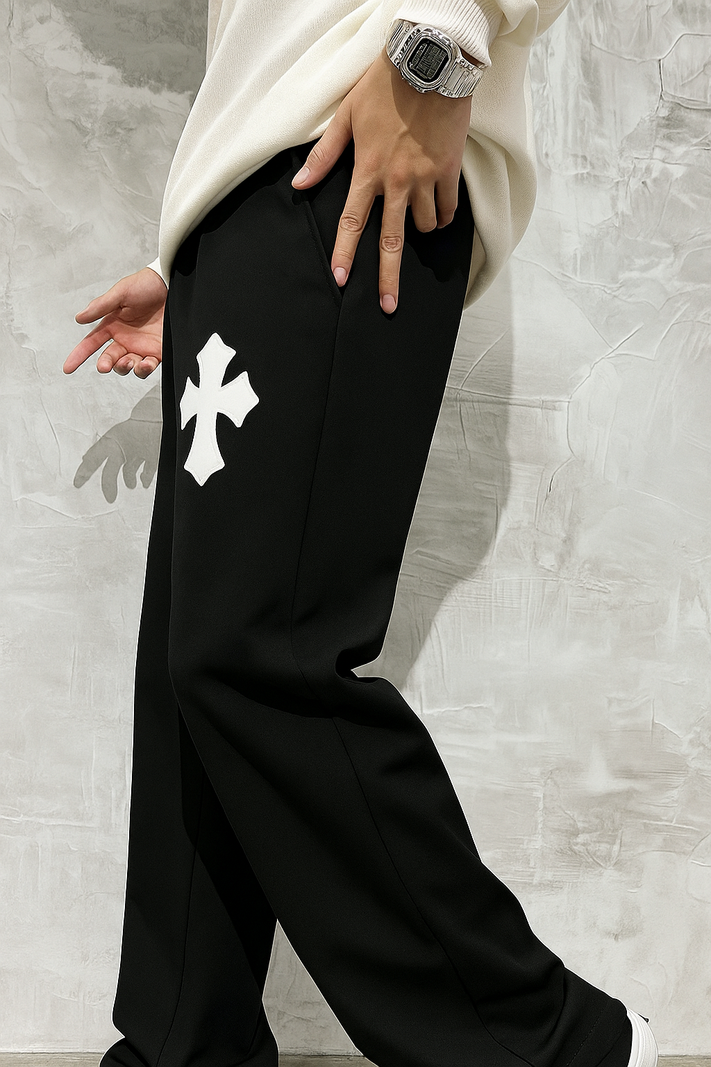 Black Sweatpants with White Cross Patches | Streetwear Joggers