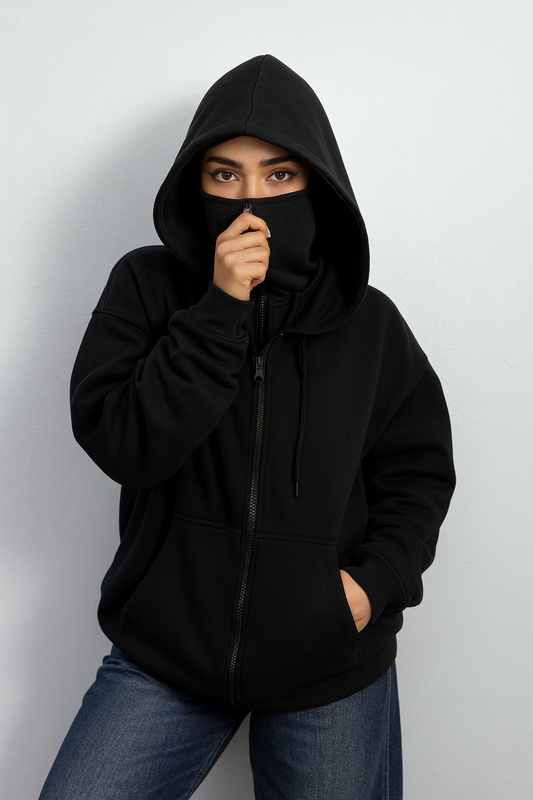 Black Combat Hoodie – Streetwear Pullover with Face Cover