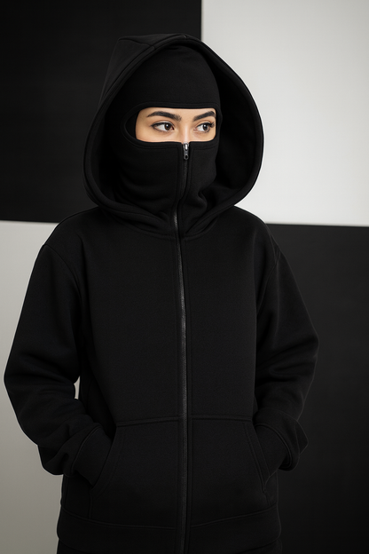 Black Combat Hoodie – Streetwear Pullover with Face Cover