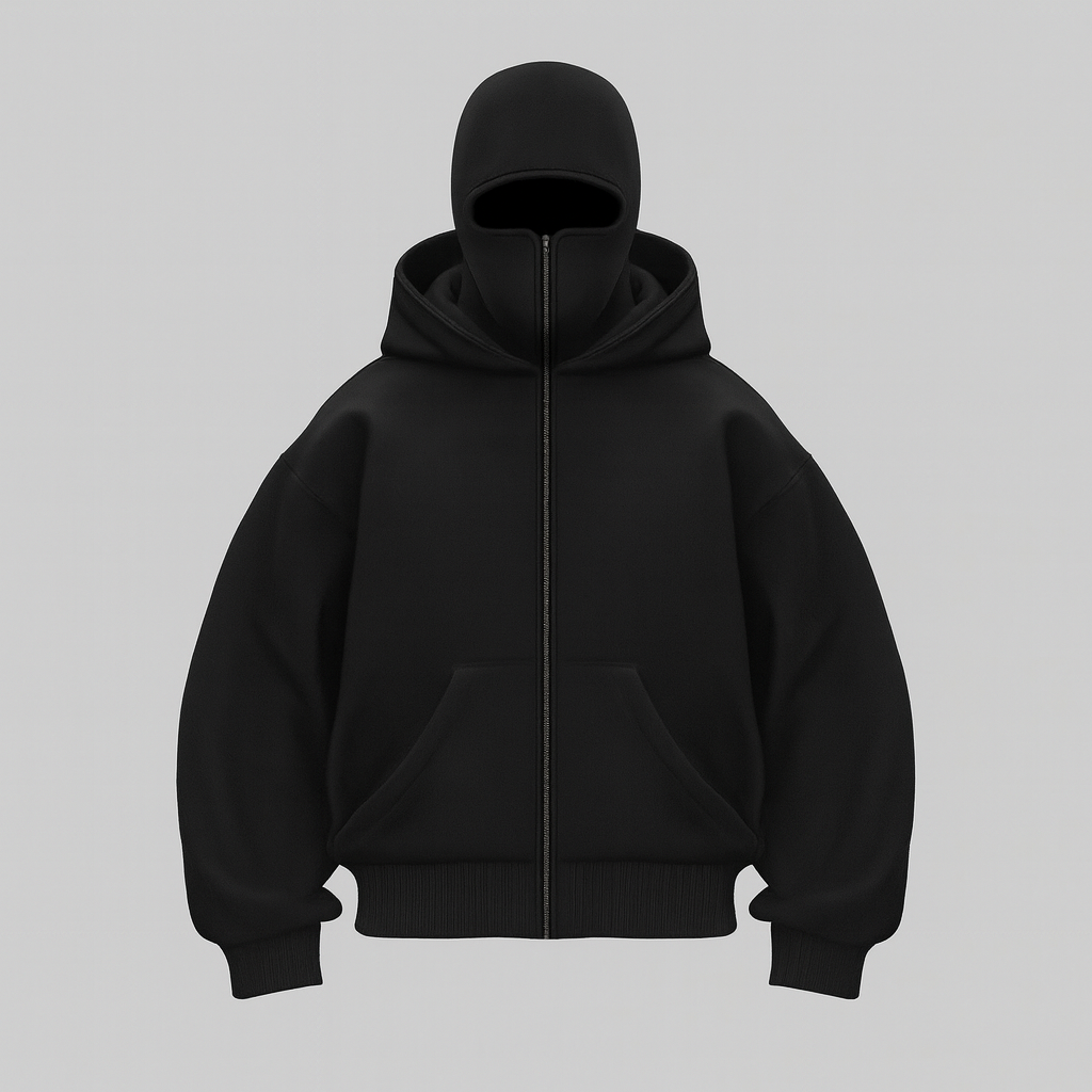 URBXN Oversized Black Full Zip Hoodie – Balaclava Style Streetwear (Unisex)