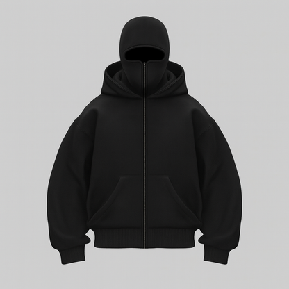 URBXN™ Oversized Black Full-Zip Hoodie – Streetwear Balaclava Style