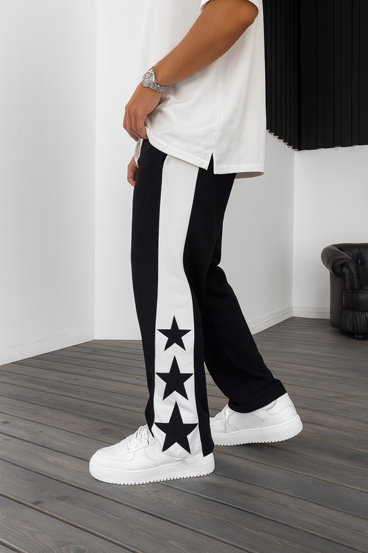 URBXN Black Star Track Pants – Streetwear Joggers with Side Stripe & Star Design