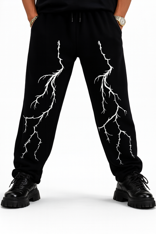 URBXN Lightning Embroidered Pants – Black Baggy Streetwear Trousers