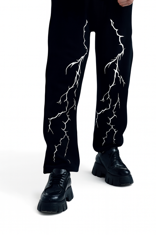 URBXN Lightning Embroidered Pants – Black Baggy Streetwear Trousers