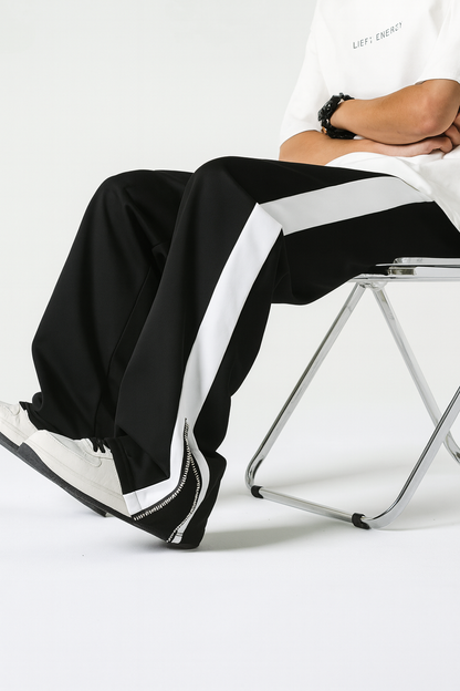 URBXN Black & White Side Stripe Track Pants – Wide Leg Streetwear Joggers