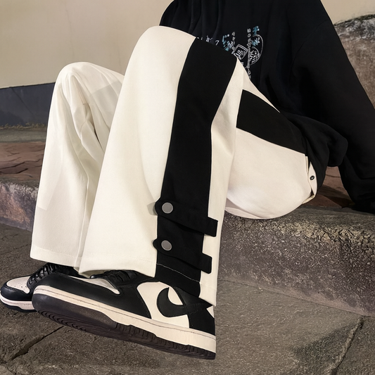 URBXN Black & White Snap Track Pants – Streetwear Wide Leg Joggers