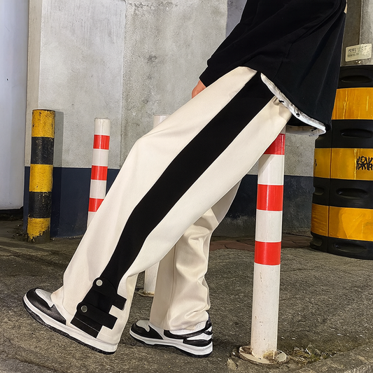 URBXN Black & White Snap Track Pants – Streetwear Wide Leg Joggers