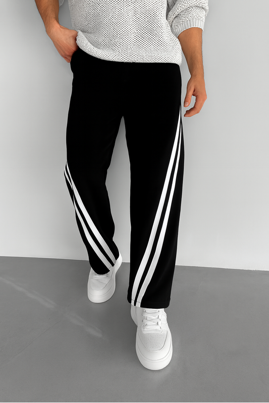 URBXN Black & White V-Stripe Track Pants – Streetwear Wide Leg Joggers
