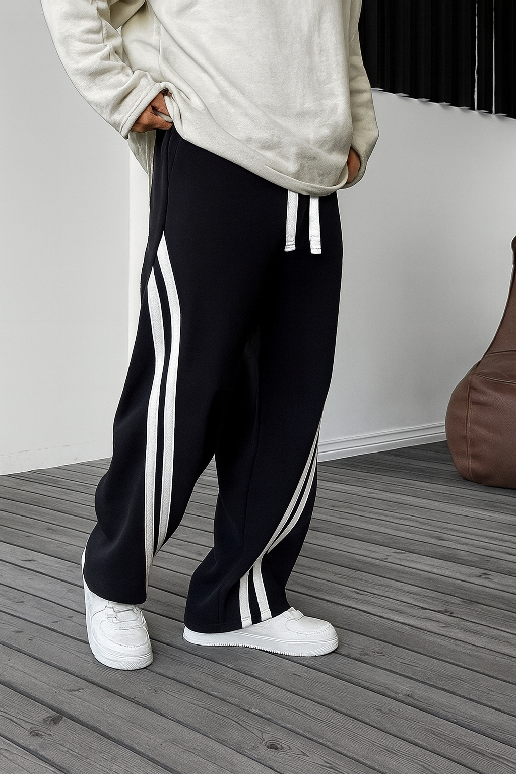 URBXN Black & White V-Stripe Track Pants – Streetwear Wide Leg Joggers