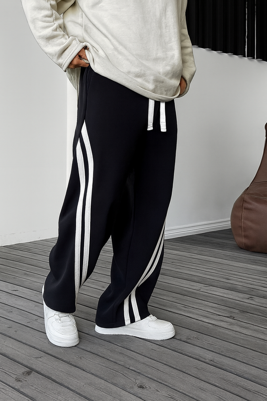 URBXN Black & White V-Stripe Track Pants – Streetwear Wide Leg Joggers