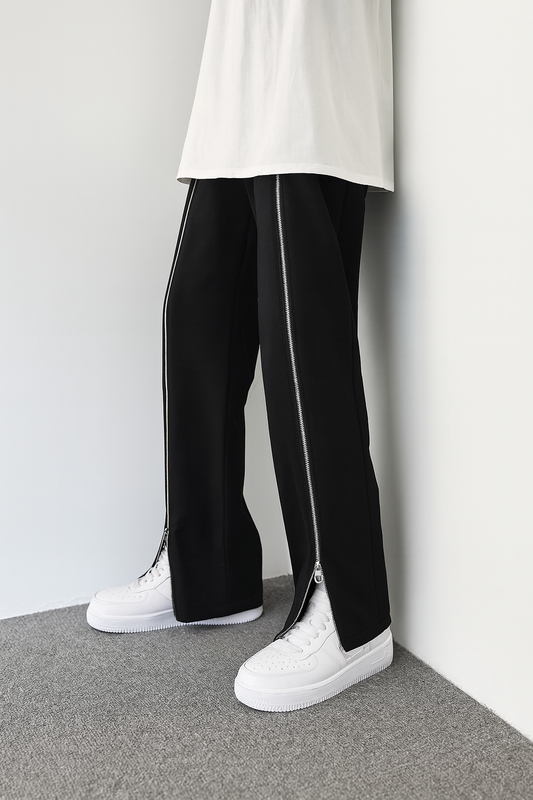 URBXN Black Zipper Split Flare Pants – Slim Fit Streetwear Trousers