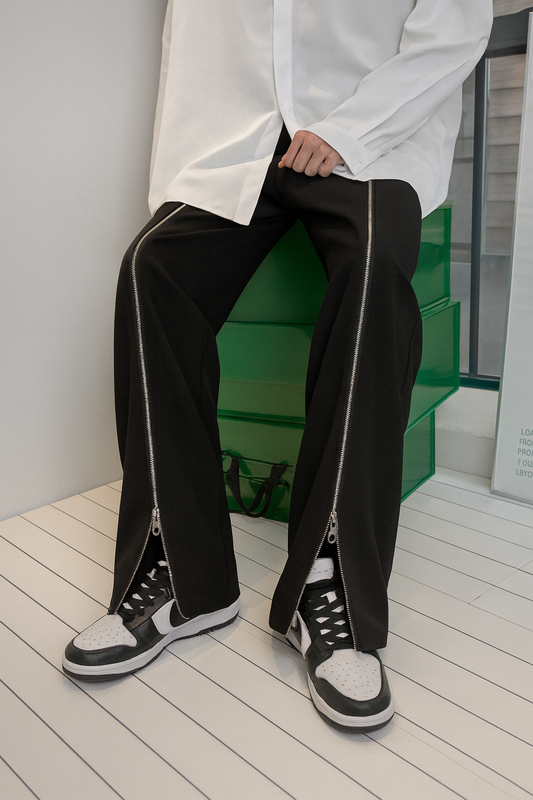 URBXN Black Zipper Split Flare Pants – Slim Fit Streetwear Trousers