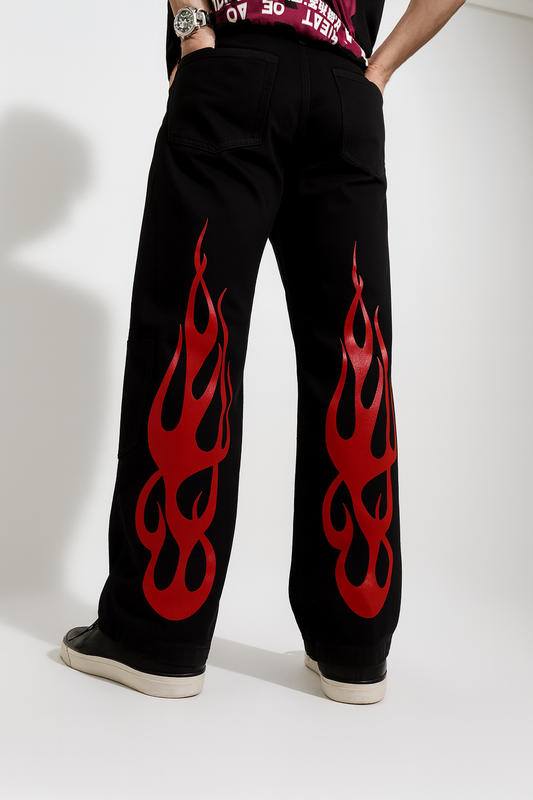 URBXN Black Flame Print Trousers – Streetwear Wide Leg Pants