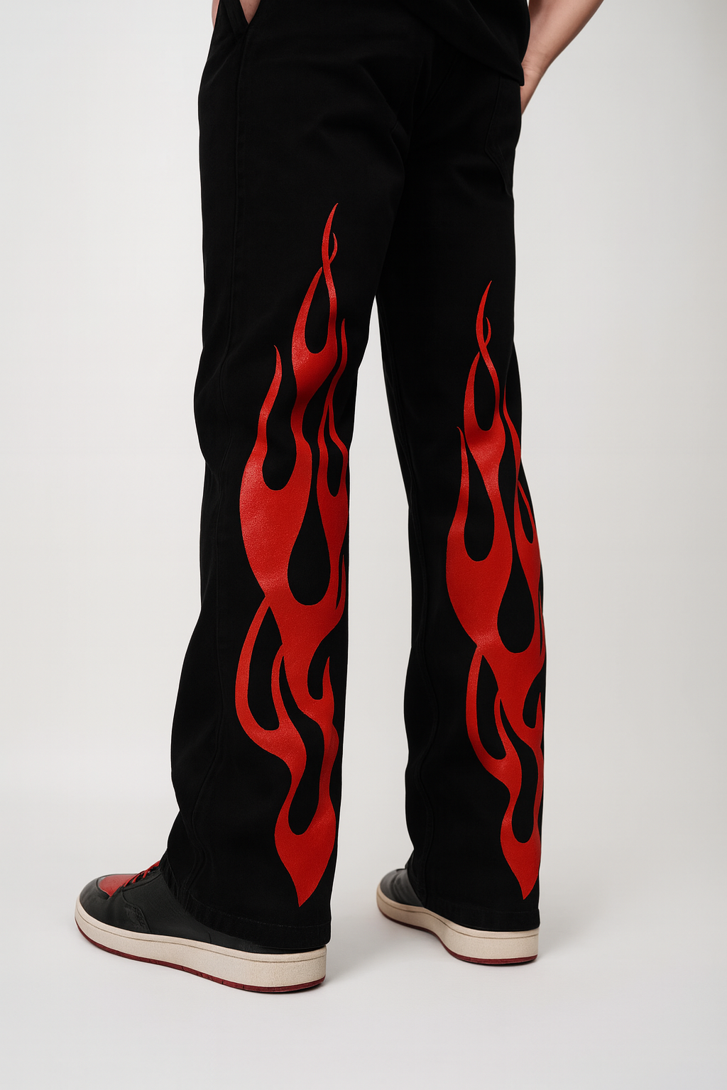 URBXN Black Flame Print Trousers – Streetwear Wide Leg Pants