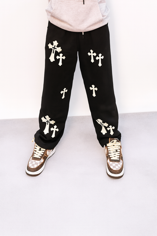 URBXN Black Streetwear Pants with White Cross Patches – Baggy Y2K Style Bottoms