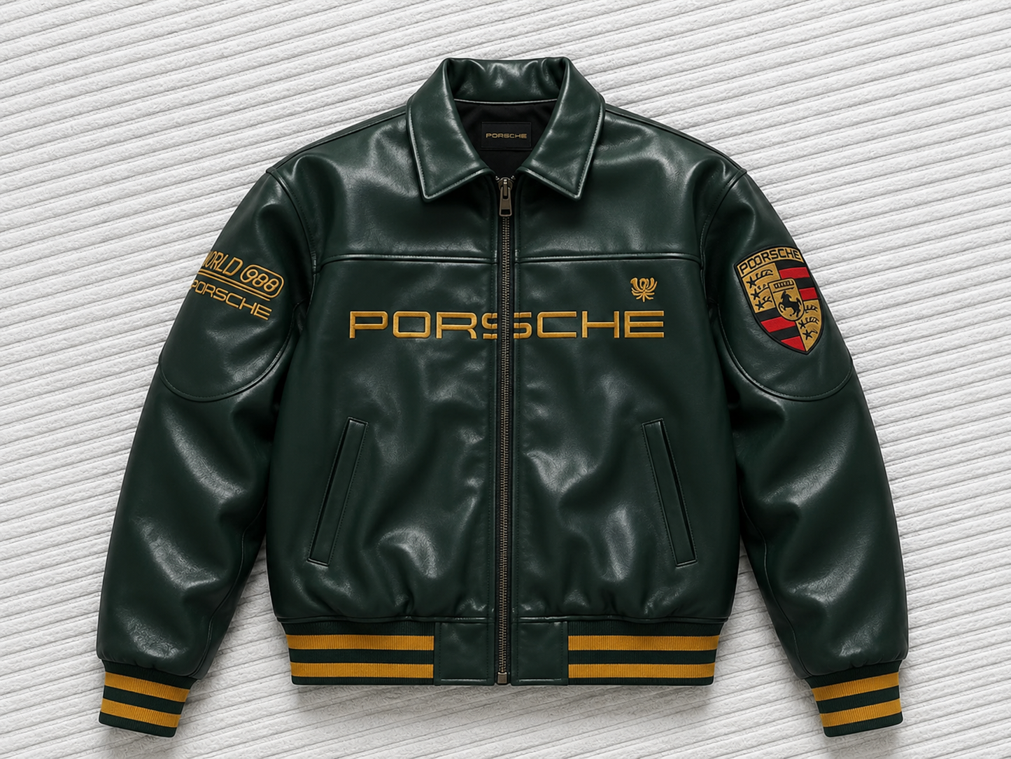 Green Porsche-inspired varsity jacket – front view