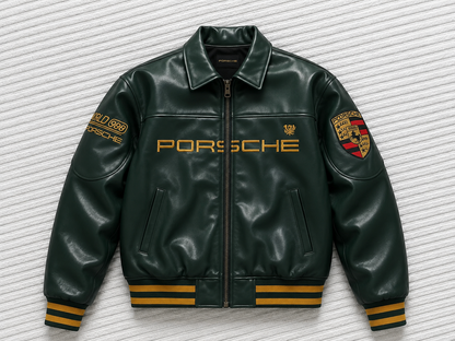 Green Porsche-inspired varsity jacket – front view