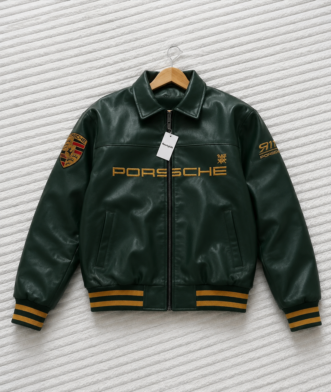 Green Porsche-inspired varsity jacket – side detail